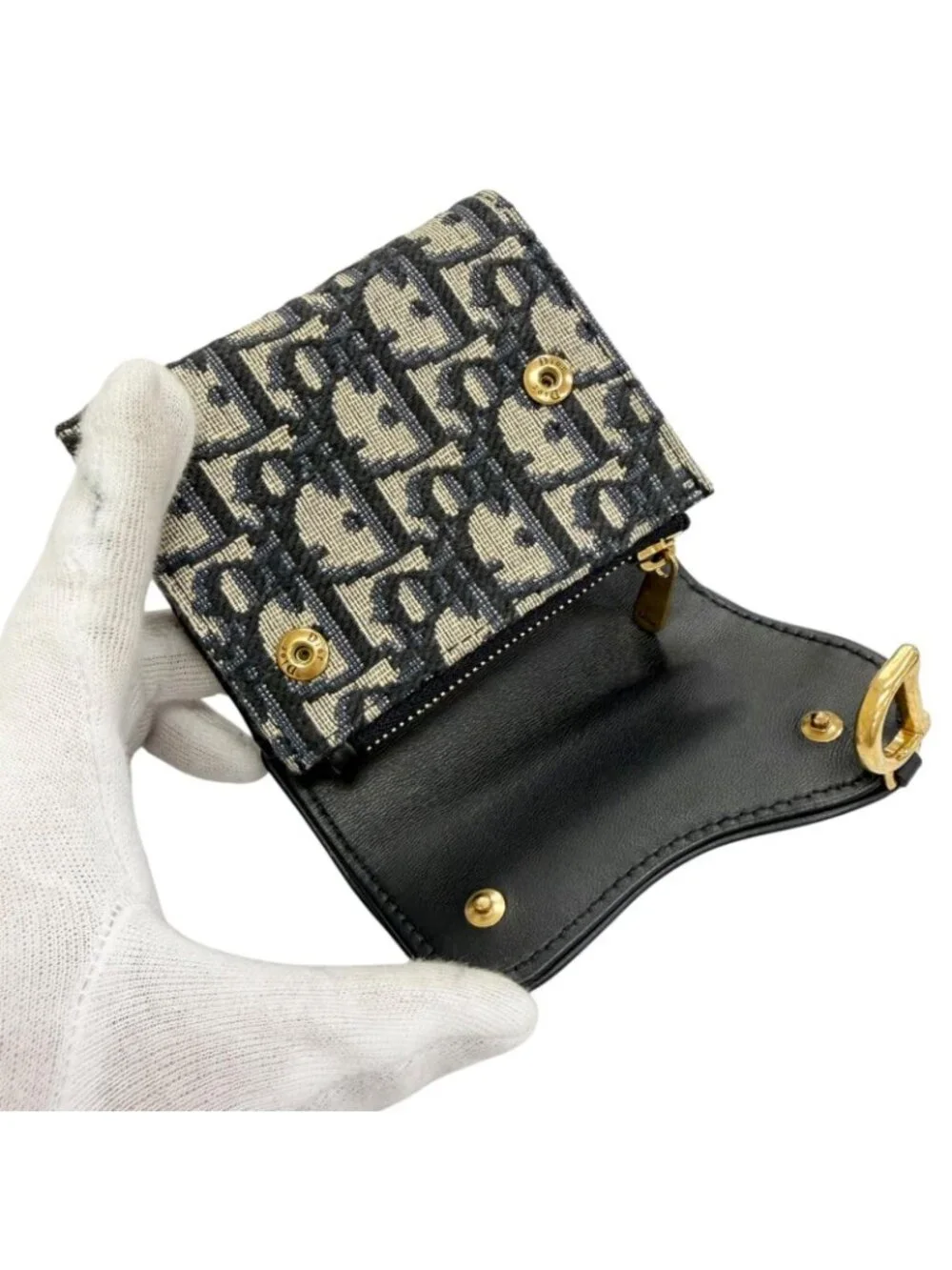 Dior Saddle Lotus Wallet Oblique Jacquard Leather Trifold Navy